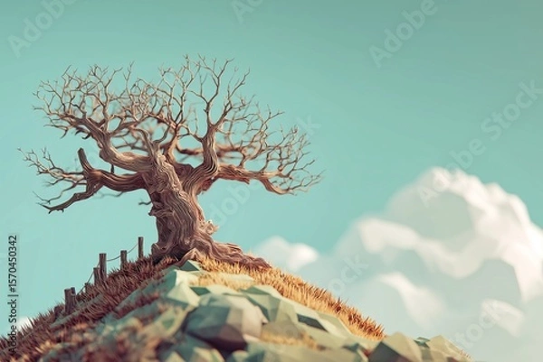 Fototapeta old dying tree on the hill by generative ai
