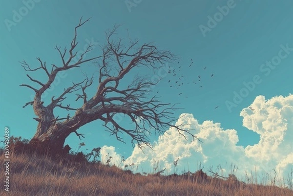 Fototapeta old dying tree on the hill by generative ai