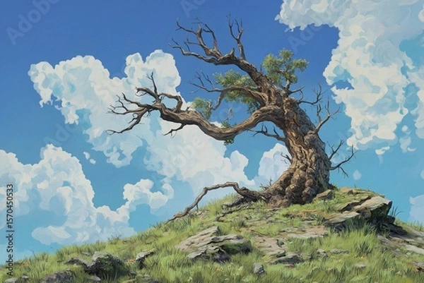Fototapeta old dying tree on the hill by generative ai