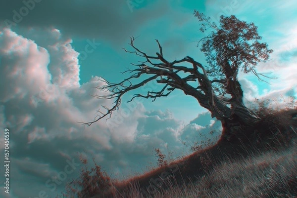 Fototapeta old dying tree on the hill by generative ai