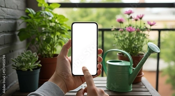 Obraz Modern Hand Holding Mobile Cell Smart Phone on Balcony Garden