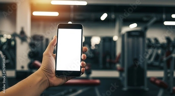 Obraz Person Holds Blank Screen Mobile Phone at Blurred Gym Interior
