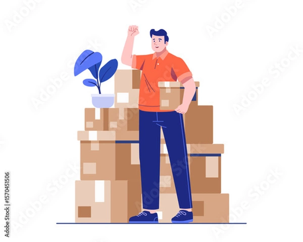 Fototapeta A male courier stands confidently with a raised fist in front of stacked cardboard boxes. Concept of warehouse delivery, logistics, and shipping service. Flat vector illustration