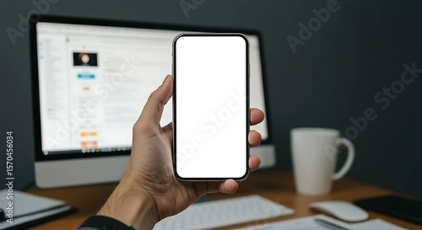 Obraz Smartphone with blank screen mockup in front of desktop monitor, cozy late-night workspace with coffee.