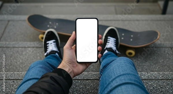 Obraz POV phone mockup with blank screen above skateboard, casual urban vibe and streetwear look.