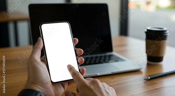 Obraz Phone mockup with white screen held in front of laptop and coffee on wooden desk, cozy workspace setup.