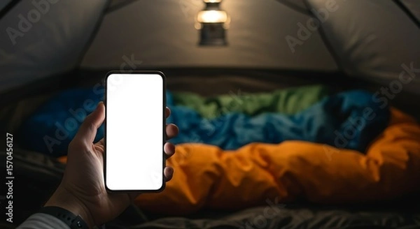 Obraz Blank smartphone screen mockup inside tent, cozy sleeping bag and warm lantern ambiance.
