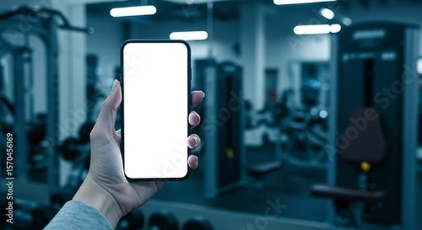 Obraz Phone mockup with blank screen held in gym room with machines, cold blue tone and focused atmosphere.