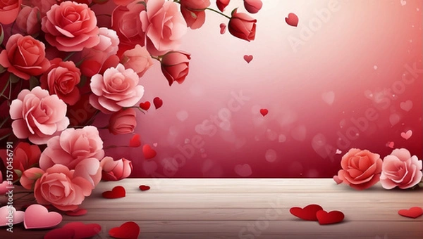 Fototapeta Romantic Red Heart Surrounded by Rose Petals on Soft Pink Valentine Background with Light Bokeh for Love and Wedding Themes.