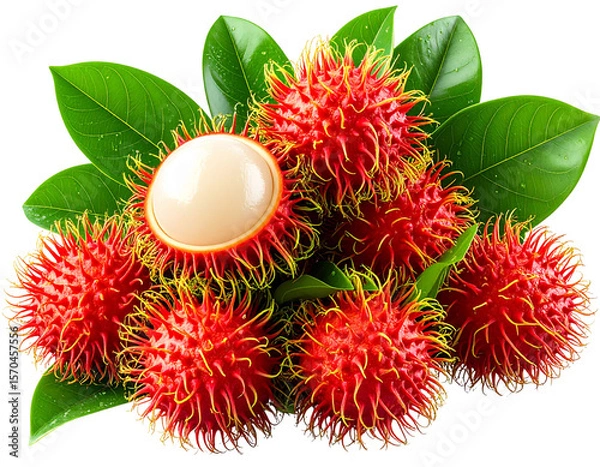 Obraz  Fresh Bunch of Rambutans with Dewy Leaves, isolated on transparent background PNG
