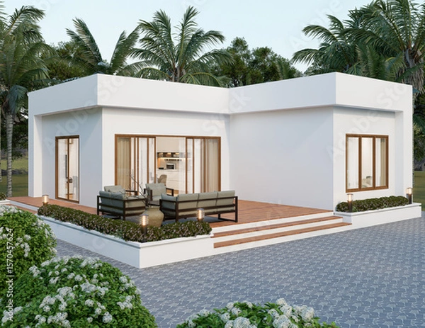 Fototapeta Modern White House with Patio and Palm Trees