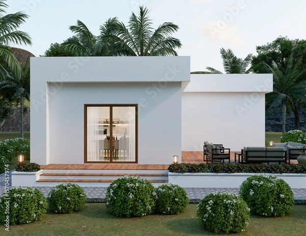 Fototapeta Modern White House with Patio and Palm Trees