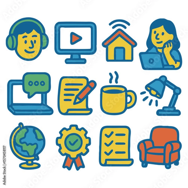 Fototapeta Collection of colorful icons depicting various aspects of remote work and learning.