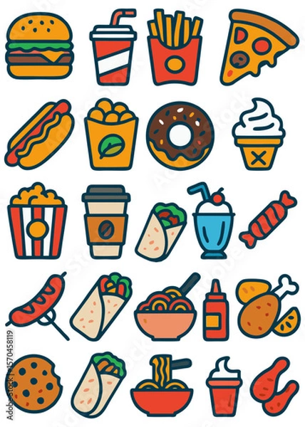 Fototapeta A colorful collection of fast food and snack icons.