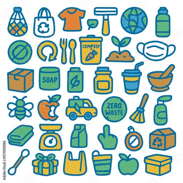 Fototapeta Collection of colorful, outlined icons representing zero-waste lifestyle choices and sustainable practices.