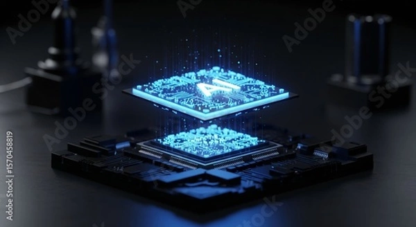 Fototapeta Futuristic AI Computer Chip with Glowing Light, Artificial Intelligence Concept