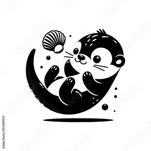 Fototapeta A baby otter floating on its back, balancing a seashell