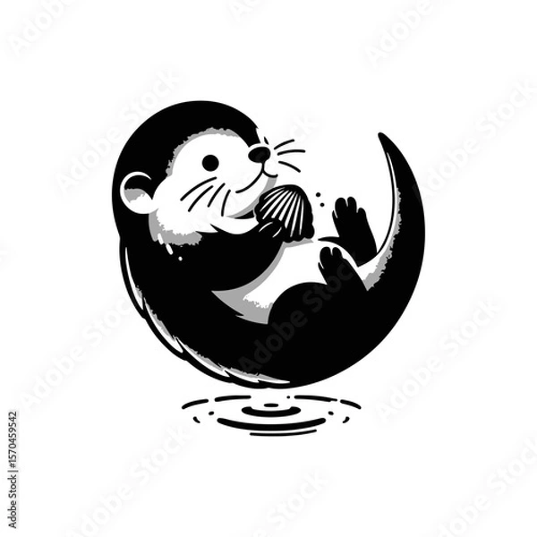 Fototapeta A baby otter floating on its back, balancing a seashell