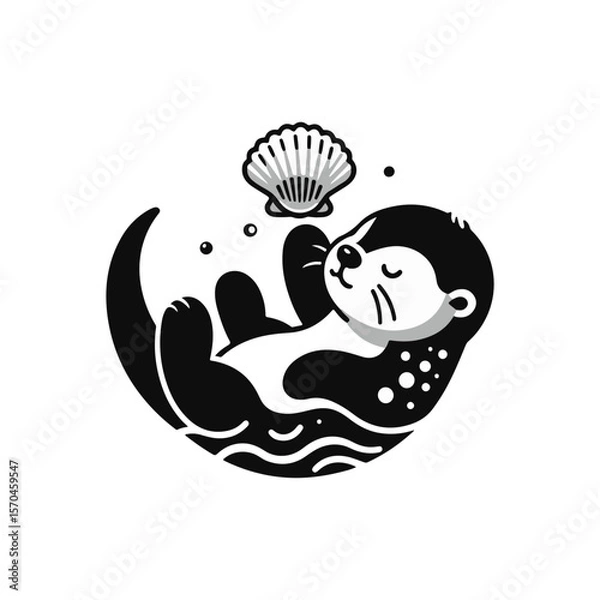 Fototapeta A baby otter floating on its back, balancing a seashell