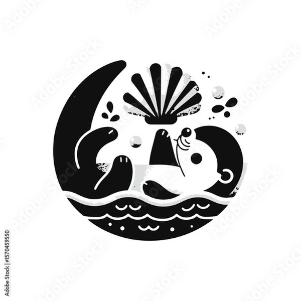 Fototapeta A baby otter floating on its back, balancing a seashell