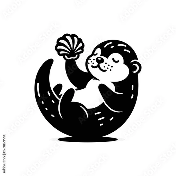 Fototapeta A baby otter floating on its back, balancing a seashell