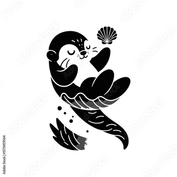 Fototapeta A baby otter floating on its back, balancing a seashell