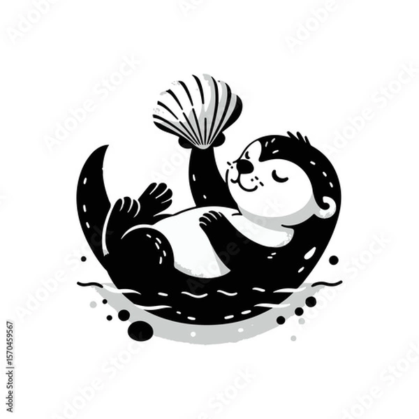 Fototapeta A baby otter floating on its back, balancing a seashell