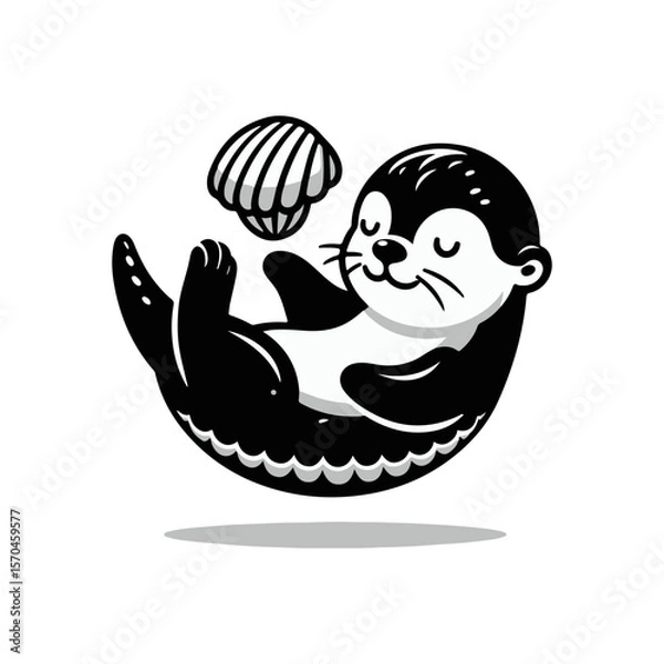 Fototapeta A baby otter floating on its back, balancing a seashell