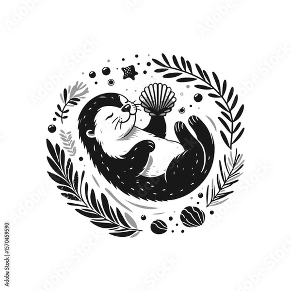 Fototapeta A baby otter floating on its back, balancing a seashell