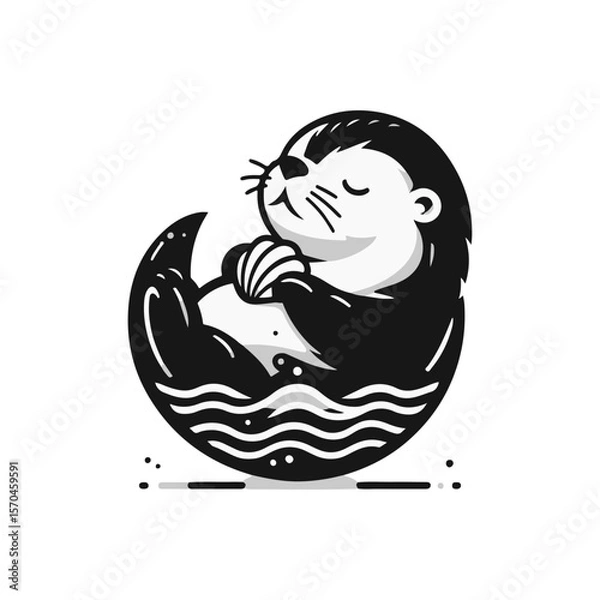 Fototapeta A baby otter floating on its back, balancing a seashell