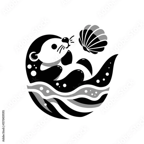 Fototapeta A baby otter floating on its back, balancing a seashell