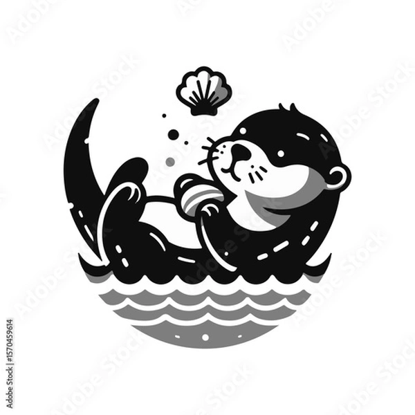 Fototapeta A baby otter floating on its back, balancing a seashell