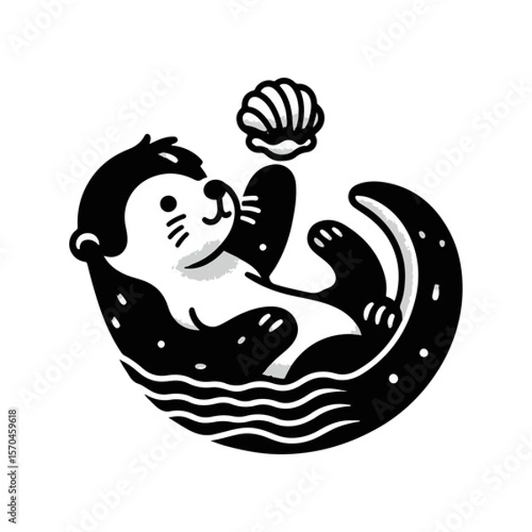 Fototapeta A baby otter floating on its back, balancing a seashell