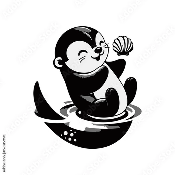 Fototapeta A baby otter floating on its back, balancing a seashell