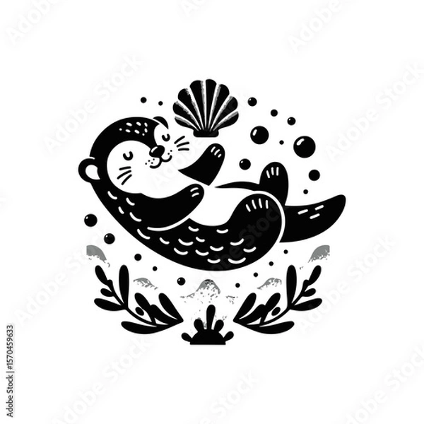 Fototapeta A baby otter floating on its back, balancing a seashell
