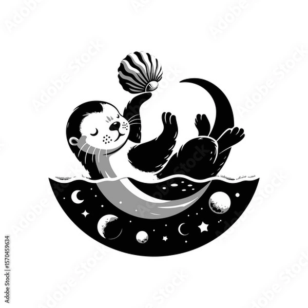 Fototapeta A baby otter floating on its back, balancing a seashell