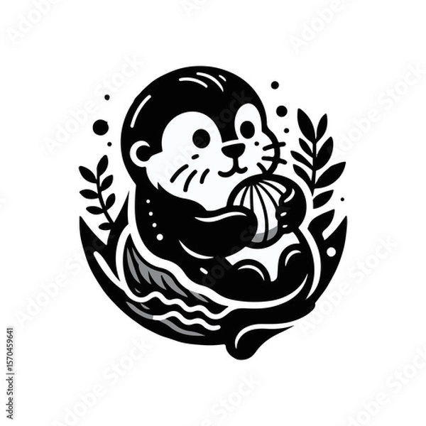Fototapeta A baby otter floating on its back, balancing a seashell