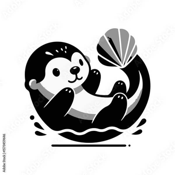 Fototapeta A baby otter floating on its back, balancing a seashell