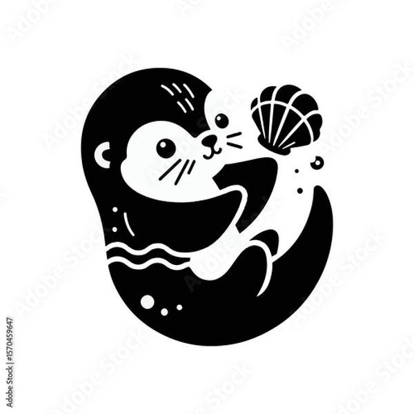 Fototapeta A baby otter floating on its back, balancing a seashell