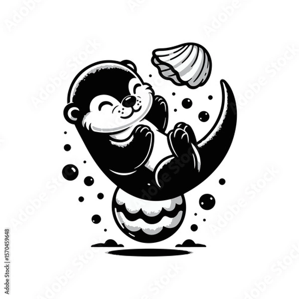Fototapeta A baby otter floating on its back, balancing a seashell