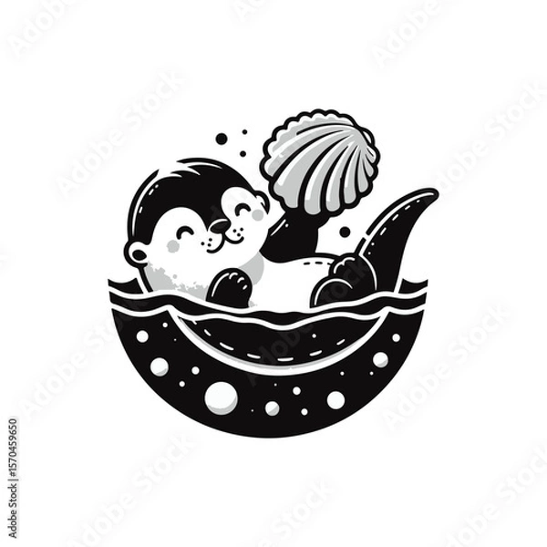 Fototapeta A baby otter floating on its back, balancing a seashell