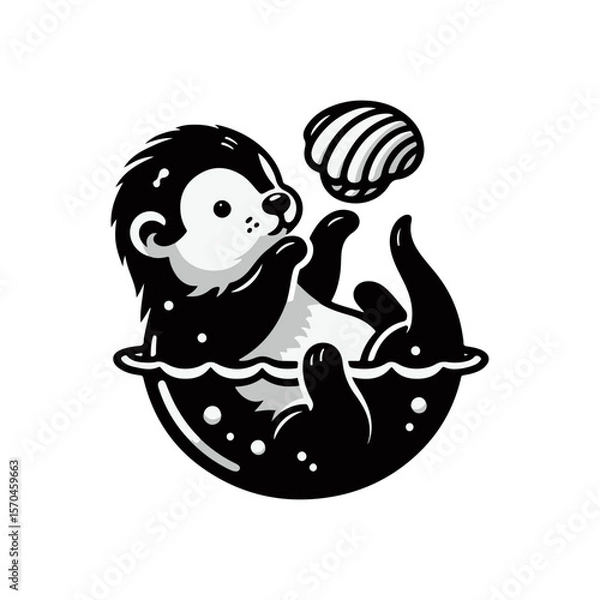 Fototapeta A baby otter floating on its back, balancing a seashell