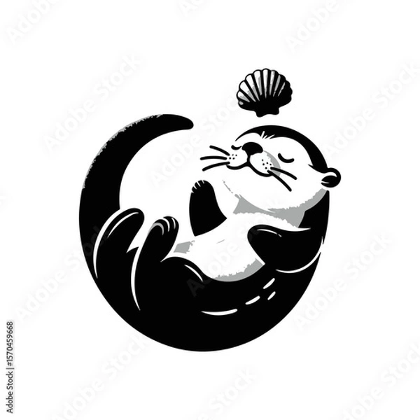 Fototapeta A baby otter floating on its back, balancing a seashell