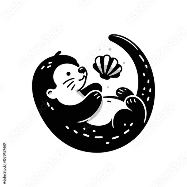Fototapeta A baby otter floating on its back, balancing a seashell
