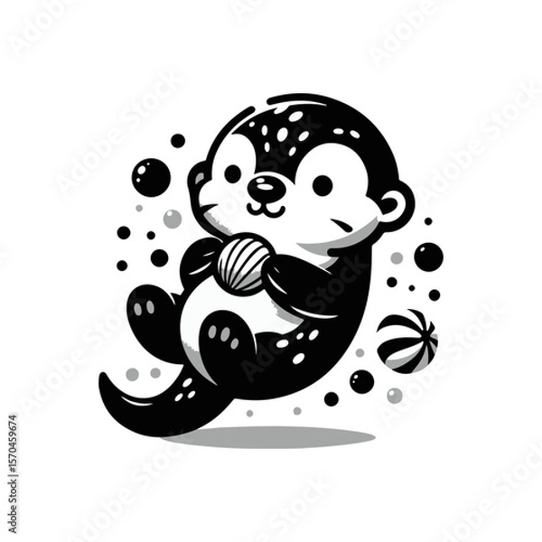 Fototapeta A baby otter floating on its back, balancing a seashell