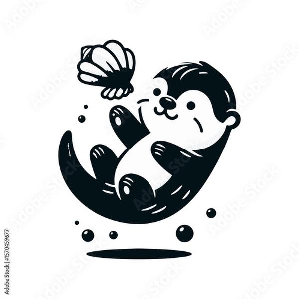 Fototapeta A baby otter floating on its back, balancing a seashell
