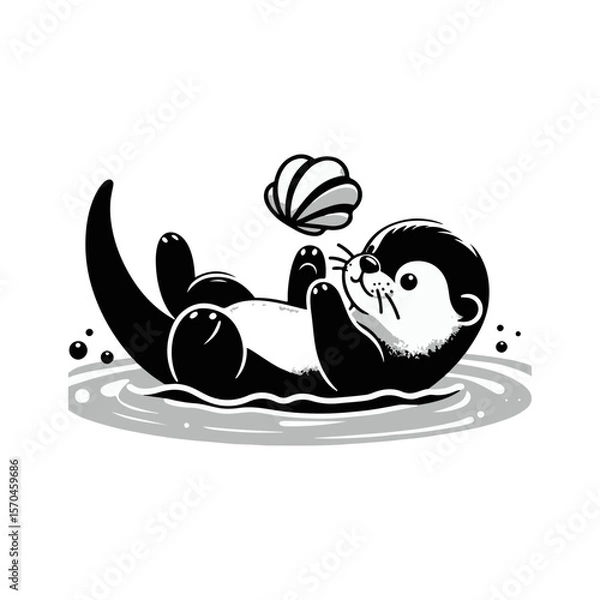 Fototapeta A baby otter floating on its back, balancing a seashell