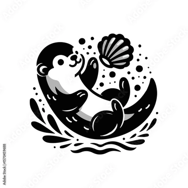 Fototapeta A baby otter floating on its back, balancing a seashell