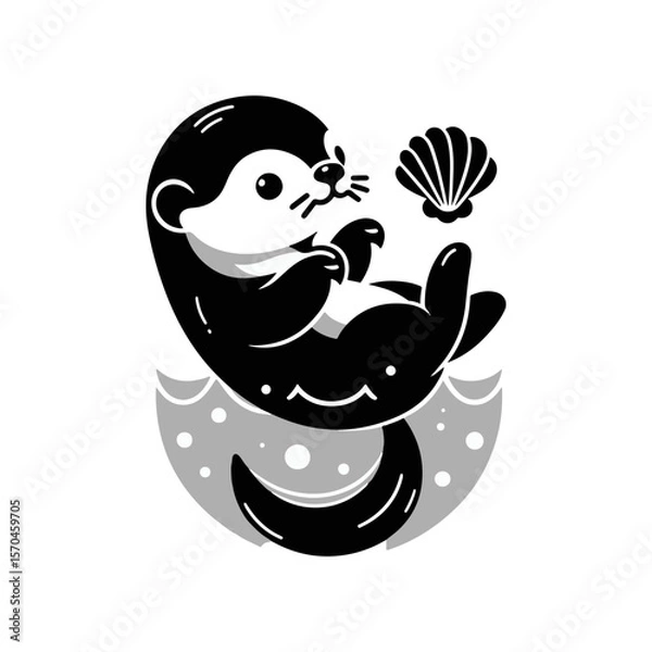 Fototapeta A baby otter floating on its back, balancing a seashell