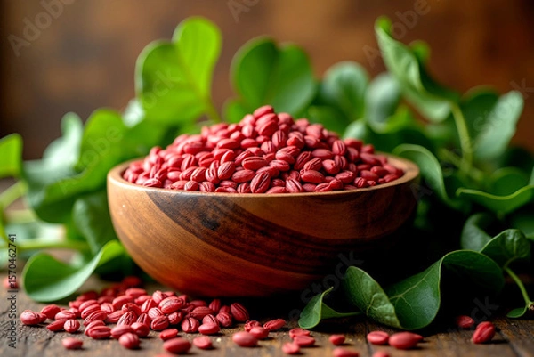 Fototapeta Earthy Wooden Bowl Overflowing with Bright Red Seeds and Fresh Green Leaves. AI Generative
